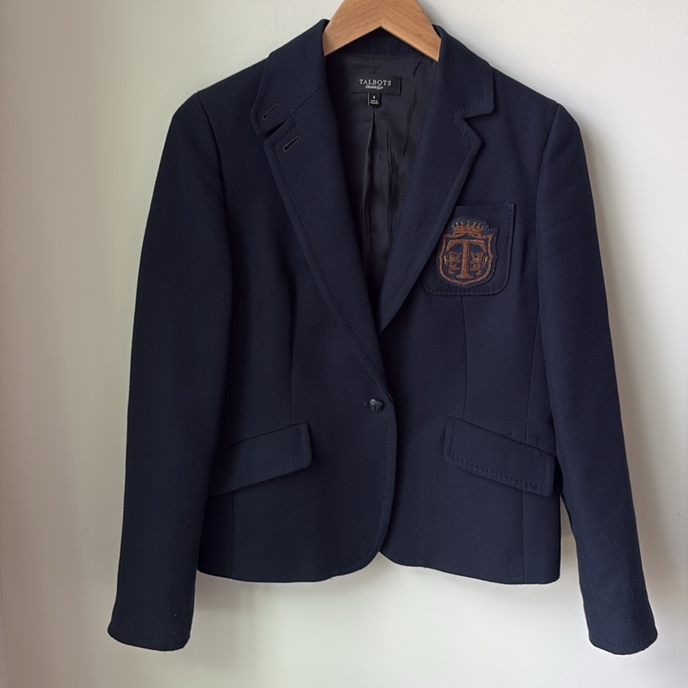 Talbots Wool Blend Navy Crested Blazer Kate Fit Lined Academia Office Size 8